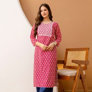 Red Printed Embroidered Pure Cotton Straight Kurta.
