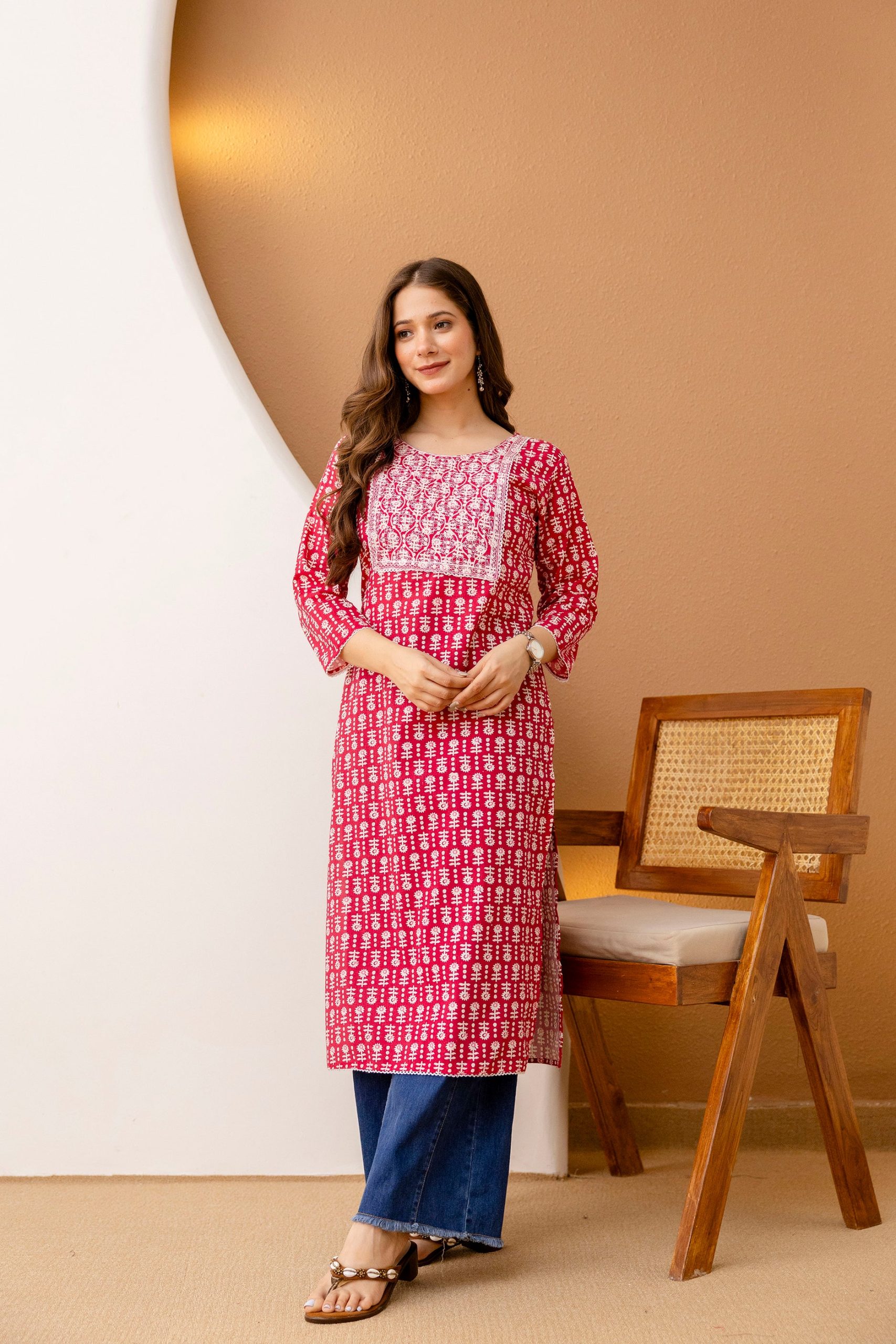 Red Printed Embroidered Pure Cotton Straight Kurta.