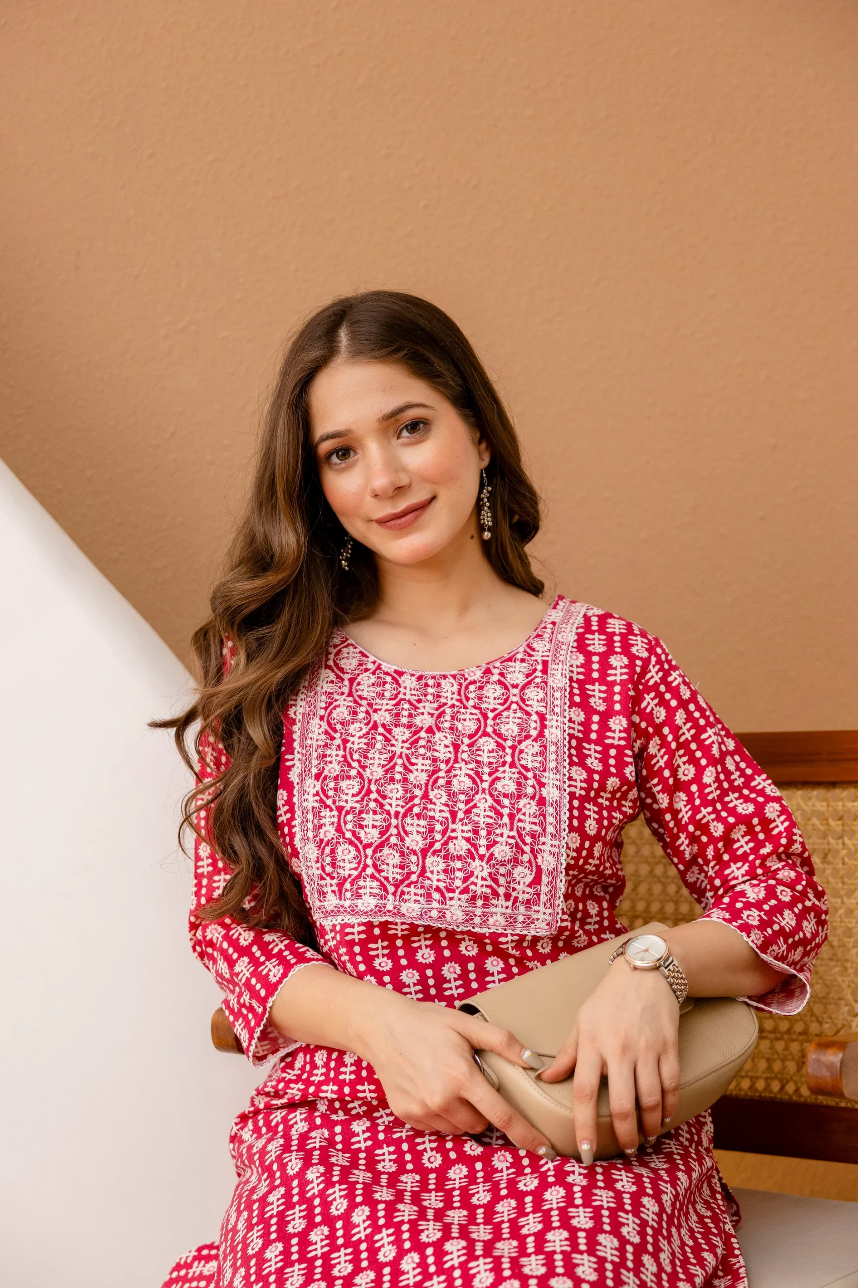Red Printed Embroidered Pure Cotton Straight Kurta. - Image 3