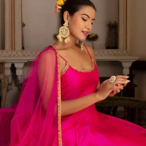 gulabi galiyan rimjhim pink embroidery taffeta silk anarkali set with soft net dupatta