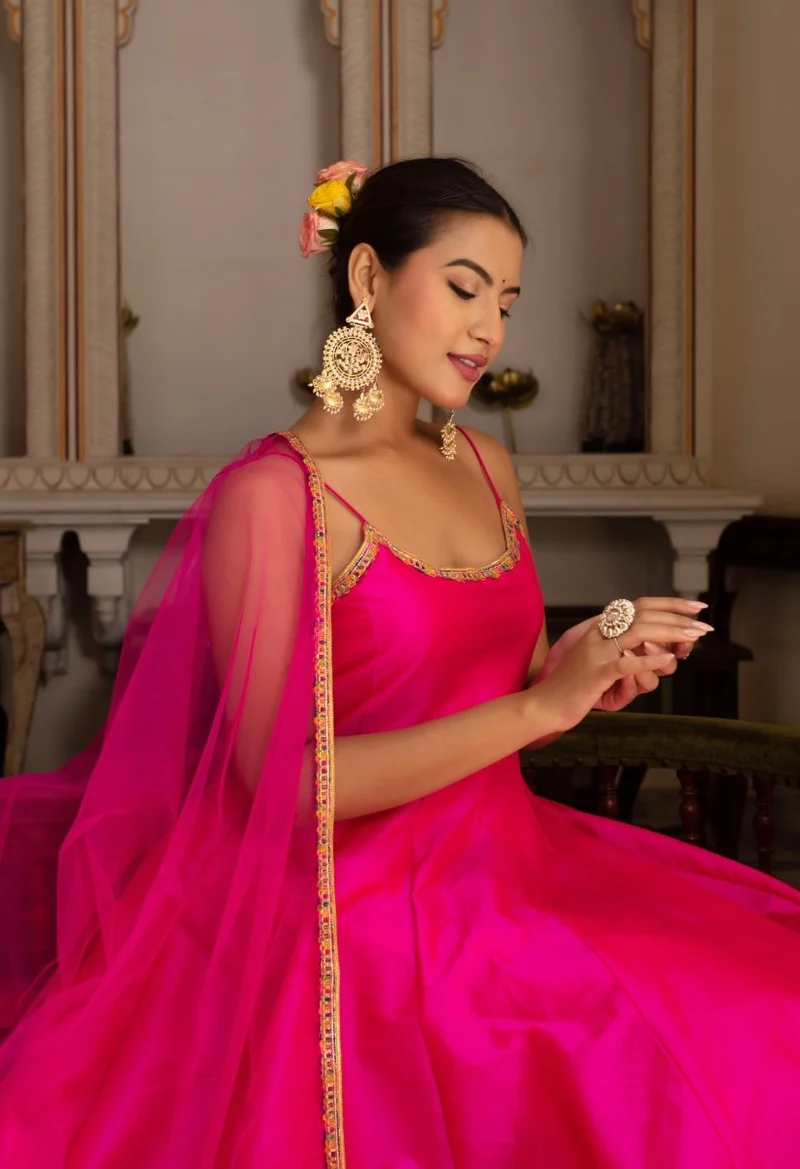 gulabi galiyan rimjhim pink embroidery taffeta silk anarkali set with soft net dupatta