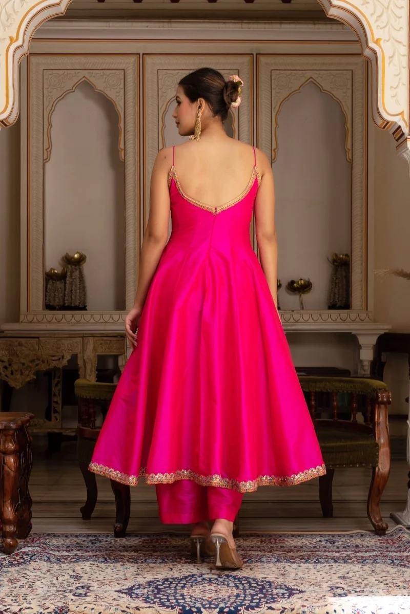 gulabi galiyan rimjhim pink embroidery taffeta silk anarkali set with soft net dupatta - Image 3